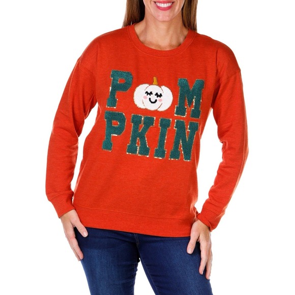 NWOT Auneliese Pumpkin Pullover CrewNeck Sweatshirt Orange Embroidered Patches S - Picture 1 of 8